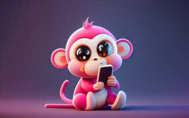 Pink Cute Monkey using Smartphone