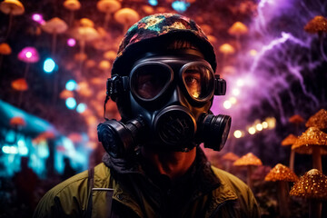 Man with gas mask in surreal world full of neon colored mushrooms