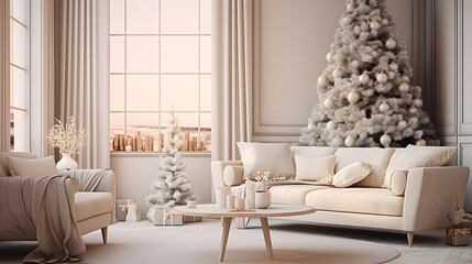 Modern living room with Christmas tree.