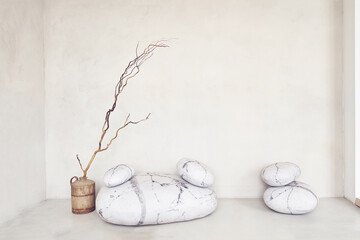 Stone podiums for various goods on a gray background. A place to copy. Minimalistic scene of...