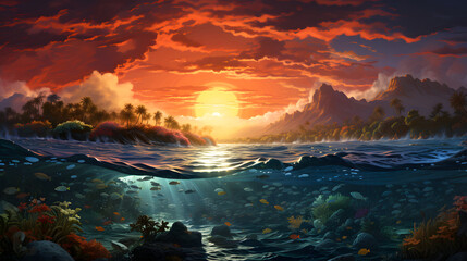 Sunset With Mountains and Half Underwater With Coral Reef