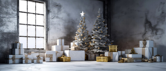 Loft apartment, room decorated white Christmas tree, gift boxes, light, candles on concrete textured place. Modern interior mock up for holidays. Gorgeous New Year background. Generative ai.