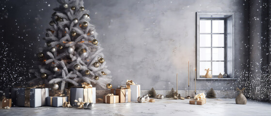 Loft apartment, room decorated white Christmas tree, gift boxes, light, candles on concrete textured place. Modern interior mock up for holidays. Gorgeous New Year background. Generative ai.