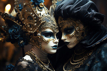 Man and woman in elaborate Venetian masks dancing