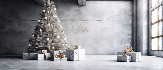 Loft apartment, room decorated white Christmas tree, gift boxes, light, candles on concrete textured place. Modern interior mock up for holidays. Gorgeous New Year background. Generative ai.