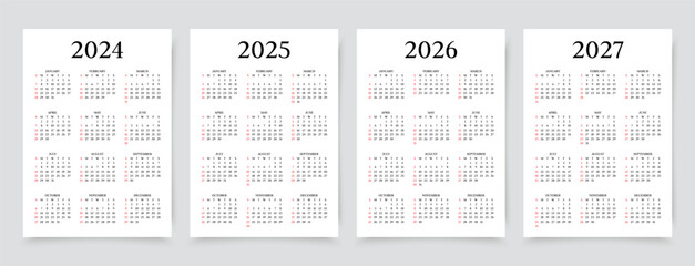 2024, 2025, 2026, 2027 years calendar. Simple calender layout. Week starts Sunday. Desk planner template with 12 month. Pocket or wall calendar. Yearly diary. Organizer in English. Vector illustration