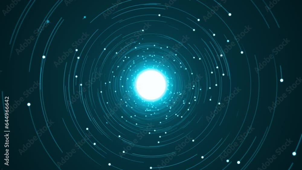Poster motion graphic of blue digital dot technology floating rotation in circle like in space with abstrac