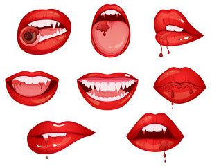Vampire bloody lips set. Halloween party banner elements.