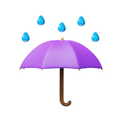 3D render rainy weather icon umbrella. Realistic parasol and raindrops. Symbol of storm, autumn season. Meteorology weather forecast. Vector illustration about protection against rain