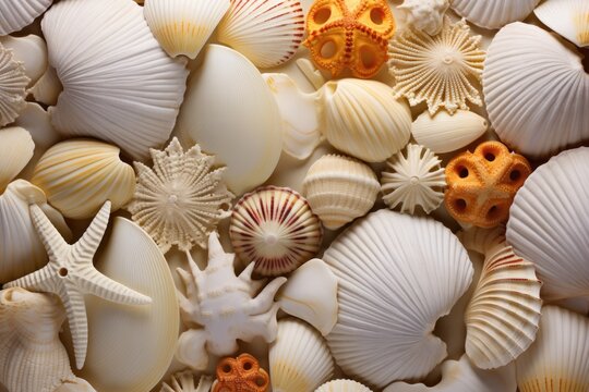 Esthetic look variety of sea shells from beach, backround view
