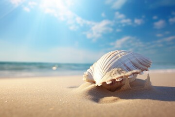 Fototapeta na wymiar Shell Conch See Beach Summer Background, Seashell on Sand Blue Ocean with Sunshine, Space Shore Water with Sun Day Sky Tropical, Frame Travel Holiday Vacation Nature at Coast, Beautiful Coastline.