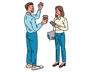 Company colleagues holding coffee and talking, man and woman. Vector clipart. Business people