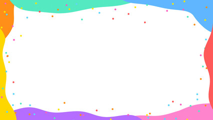 Colorful little dots on white background. Wavy dynamic pattern. Yellow, orange green, purple blue, red pink cartoon childish design style. Simple circles kid border. Funny frame. Modern trendy pattern