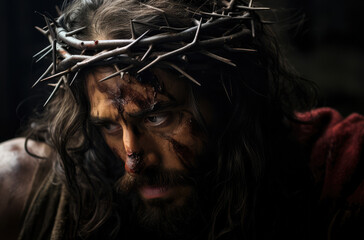 Jesus christ with crown of thorns, on dark background