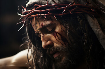 Jesus christ with crown of thorns, on dark background