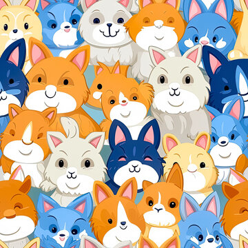Seamless pattern with a bunch of fluffy cartoon animals sitting tightly on top of each other.