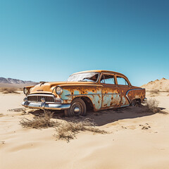 Old abandoned and rusted car in the desert. Some parts of the car have started to rot and come off the body.