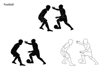 Fototapeta na wymiar Football players vector silhouette illustration isolated on white background. Football player battle for the ball and position. Attractive sport game.