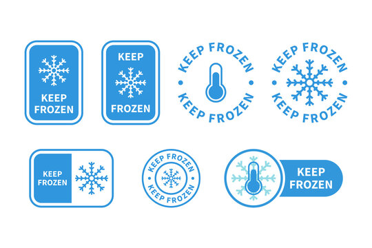 Keep frozen label. Keep frozen - badges for product. Sticker with snowflake and thermometer. Storage in refrigerator and freezer. Vector set