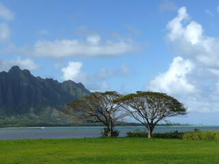 scenic view of landscape around Waikane along Kamehameha Highway on Oahu