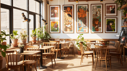 Fototapeta na wymiar 明るい光がたくさん入って、木製の机と椅子と観葉植物がたくさんある白い壁紙にポスターが飾っているおしゃれなカフェ