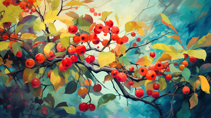 closeup of leaves and forest fruit on trees bright painting