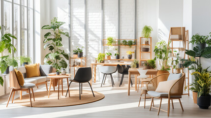 明るい光がたくさん入って、木製の机と椅子と観葉植物がたくさんある白い壁紙のカフェ