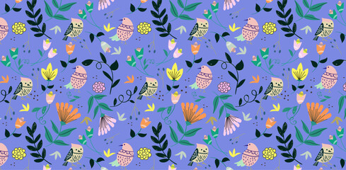 birds and floral elements carton ilustration seamless patern