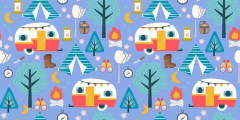 Camping elements cartoon vector background pattern