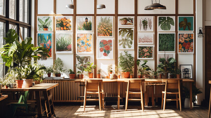 明るい光がたくさん入って、木製の机と椅子と観葉植物がたくさんある白い壁紙にポスターが飾っているおしゃれなカフェ