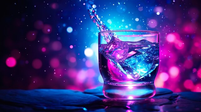colorful splashing drink at bright vivid multicolored background, in style of dark purple, blue and pink, generative AI