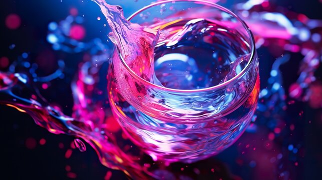 colorful splashing drink at bright vivid multicolored background, in style of dark purple, blue and pink, generative AI