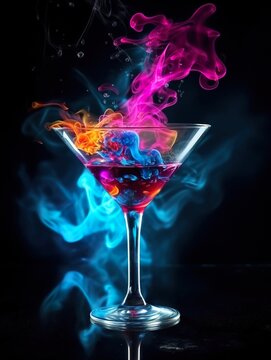 martini glass with colorful alcohol and smoke on black background, burning cocktail with neon glow, generative AI
