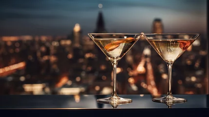 Foto op Plexiglas two colorful drinks in martini glass and big night city background, illuminated light skyline with skyscrapers, generative AI © goami