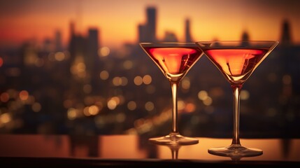 two colorful drinks in martini glass and big night city background, illuminated light skyline with...