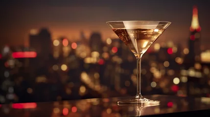 Zelfklevend Fotobehang colorful drink in martini glass and big night city background, illuminated light skyline with skyscrapers, generative AI © goami