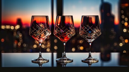 three colorful drinks in wine glass and big night city background, illuminated light skyline with skyscrapers, generative AI