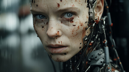 Futuristic android, robotic humanoid. Human face, Mechanical body, in dystopian Sci-fi scene.