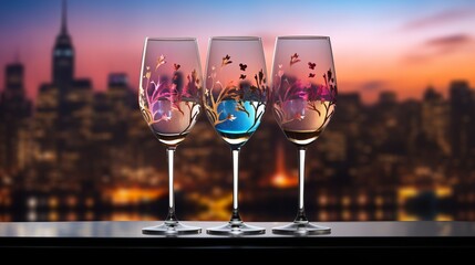 three colorful drinks in wine glass and big night city background, illuminated light skyline with skyscrapers, generative AI