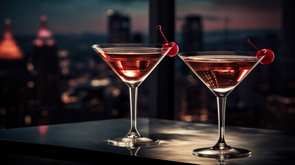 two colorful drinks in martini glass and big night city background, illuminated light skyline with skyscrapers, generative AI
