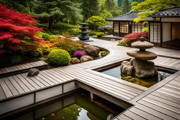 japanese garden in the garden - obrazy, fototapety, plakaty