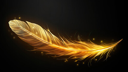 Shiny single golden feather with spark of light on dark background