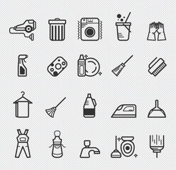 Cleaning line icons. Laundry, Window sponge and Vacuum cleaner. Washing machine linear icon set.