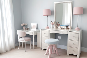 Luxury make up room with ellegant interiors. Stylish pastel gentle calming blue and light pink