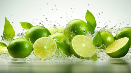 Photo of a refreshing splash of water on a vibrant group of limes created with Generative AI technology