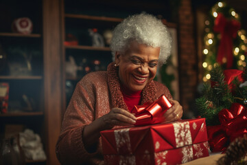 Obraz na płótnie Canvas Generative ai senior woman at home unwrapping gift on christmas eve