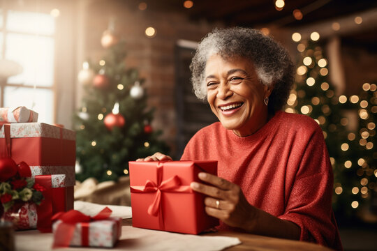 Generative ai senior woman at home unwrapping gift on christmas eve