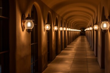 A lineup of lamps on a hallway wall with long passageways leading to different rooms. Generative AI
