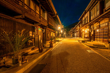 長野県　中山道　奈良井宿の町並み　夕景　夜景
