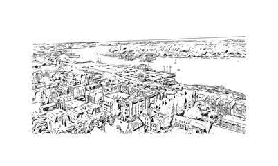 Building view with landmark of Rostock is the city in Germany. Hand drawn sketch illustration in vector.